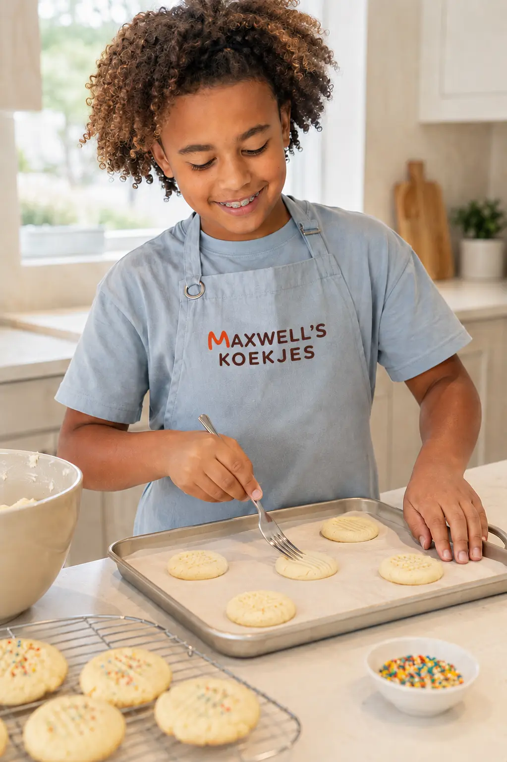 Maxwell bakt maizenakoekjes in de keuken